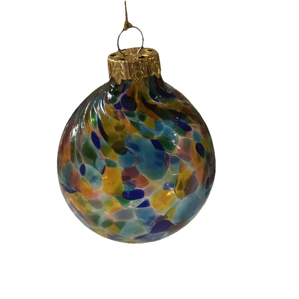 Vintage KC Art Glass Ornament Ball Bright Colors Swirled 3”